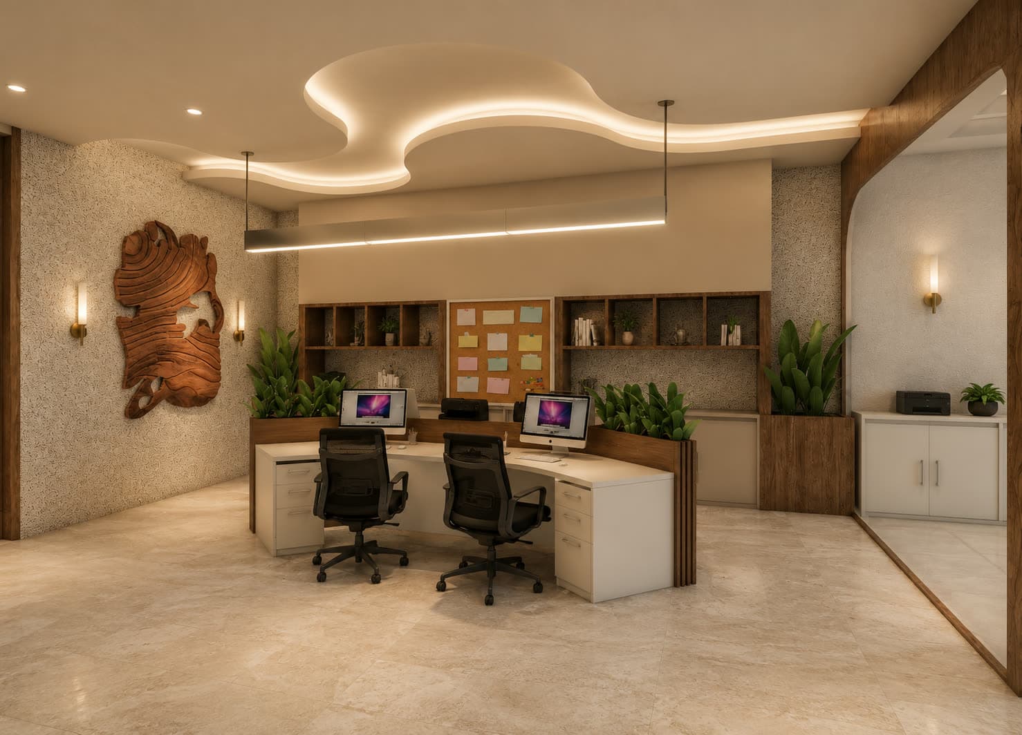 Workstations + sculpted ceiling